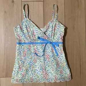 Harold’s Floral Print Spaghetti Strap Top with Blue Ribbon - Size Medium